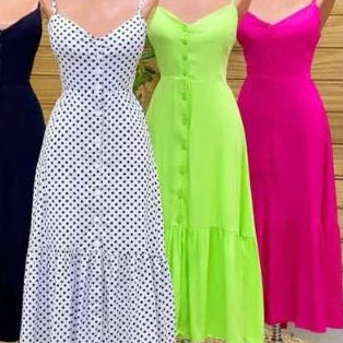 Vestido feminino longo alça botão na frente fenda Mídi soltinho viscose Babado elegante alcinha
