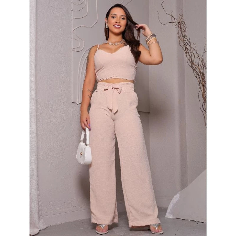 Conjunto Feminino Duna Areia – Calça Pantalona e Cropped com Bojo