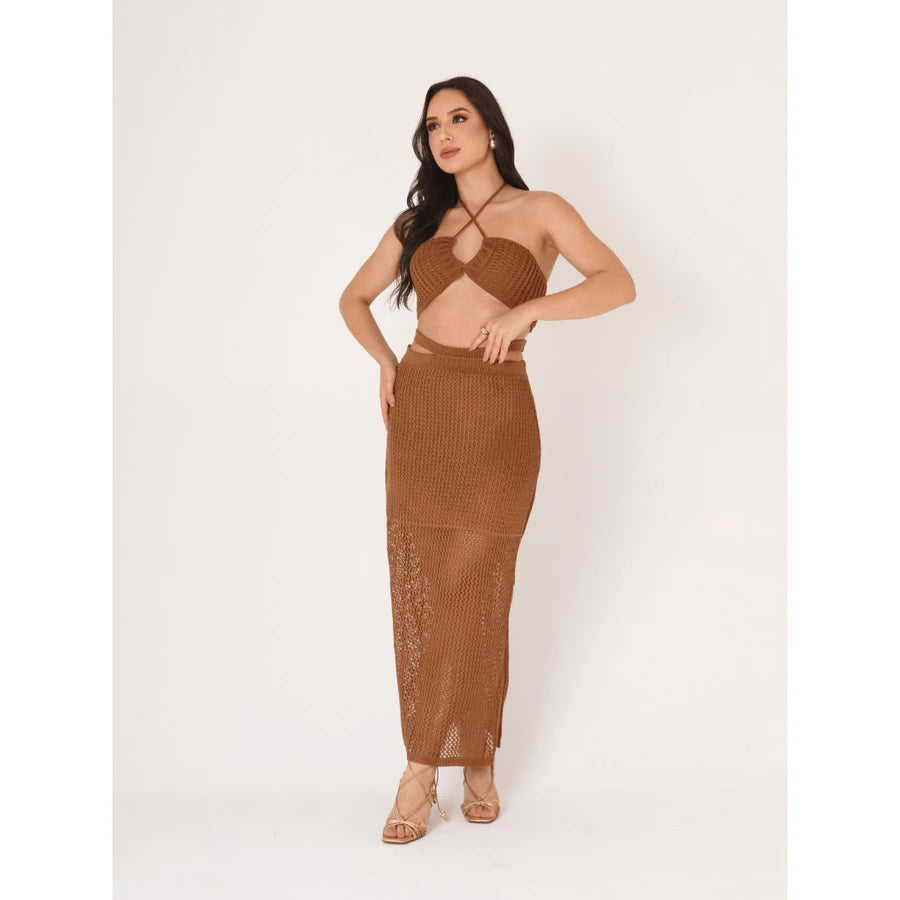 Conjunto Feminino Tricot Cropped e Saia Midi Tricô Modal Conjunto Trico