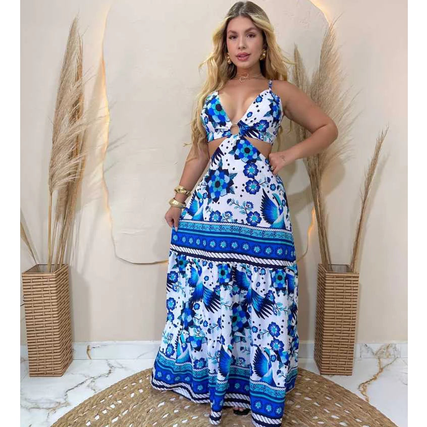 Vestido Longo Feminino Estampado Casual com Amarração nas Costas