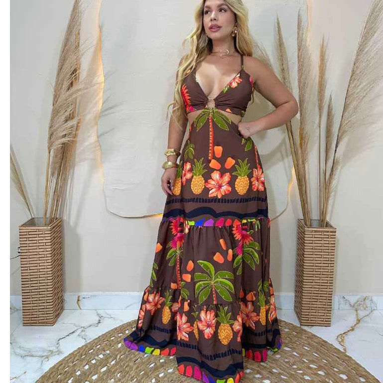 Vestido Longo Feminino Estampado Casual com Amarração nas Costas