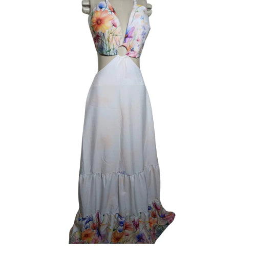 Vestido Longo Feminino Estampado Casual com Amarração nas Costas