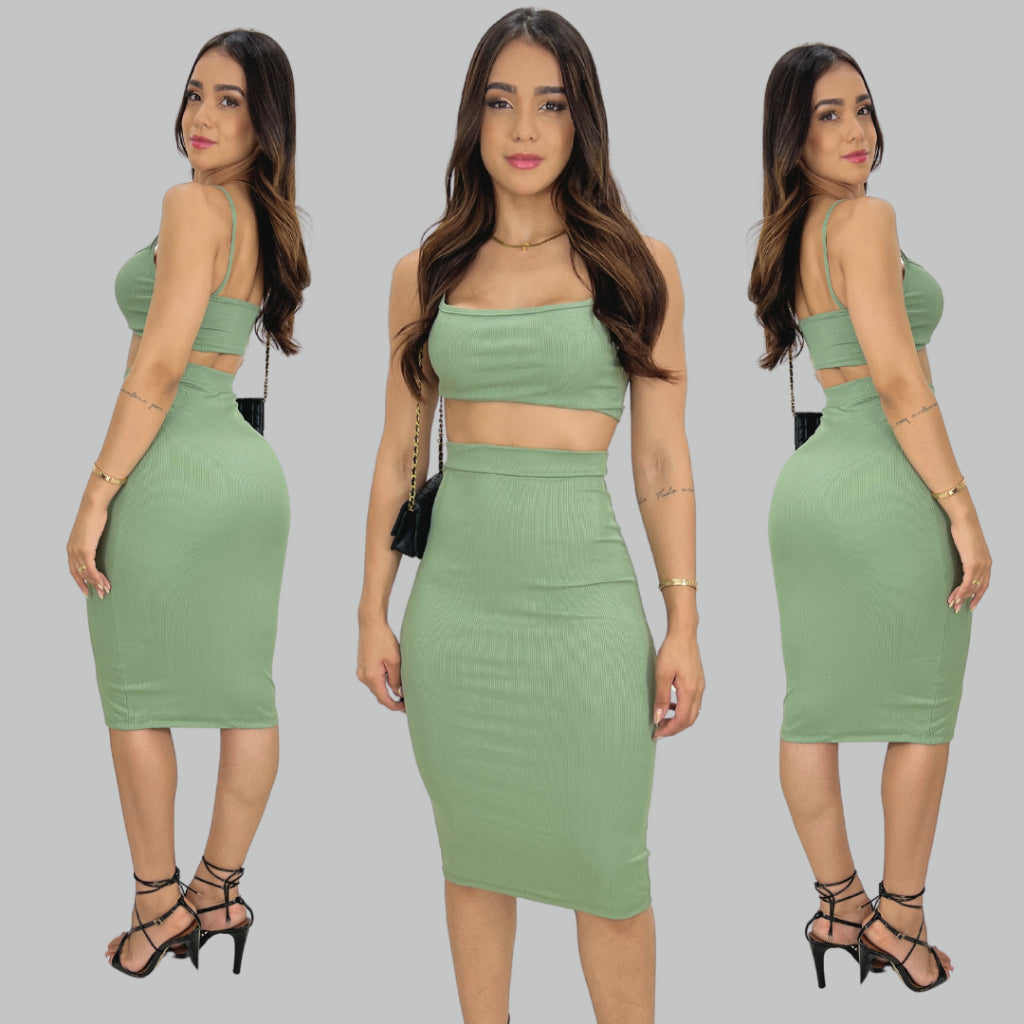 Conjunto Feminino Saia Longa Cropped alcinha Aerolook Primavera verão tendência