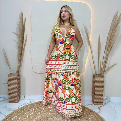 Vestido Longo Feminino Estampado Casual com Amarração nas Costas
