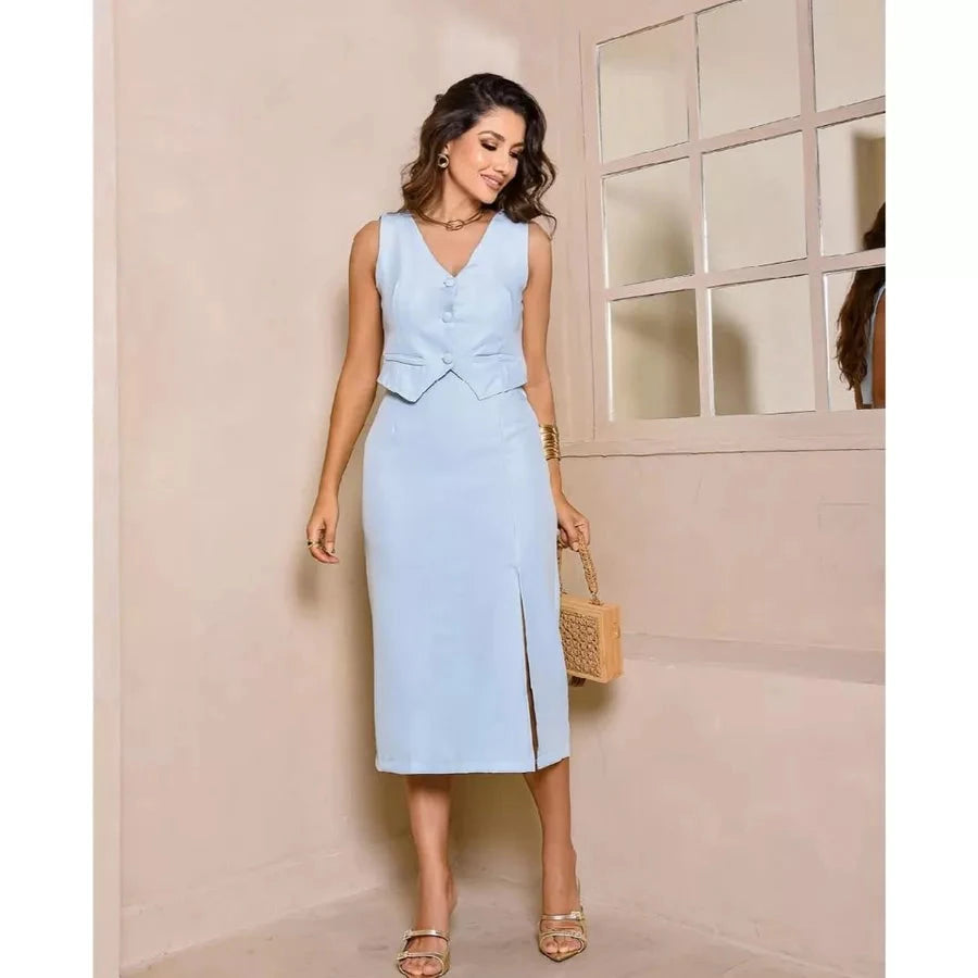 Conjunto Feminino Colete Curto e Saia com Fenda Lateral – Estilo Alfaiataria Simples Glamour