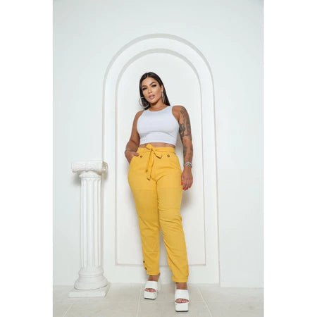 Calça Social Feminina de Linho Elegante com Elástico e Forro Interno