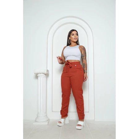 Calça Social Feminina de Linho Elegante com Elástico e Forro Interno