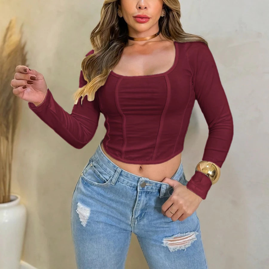 Cropped Feminino Manga Longa Tipo Corset