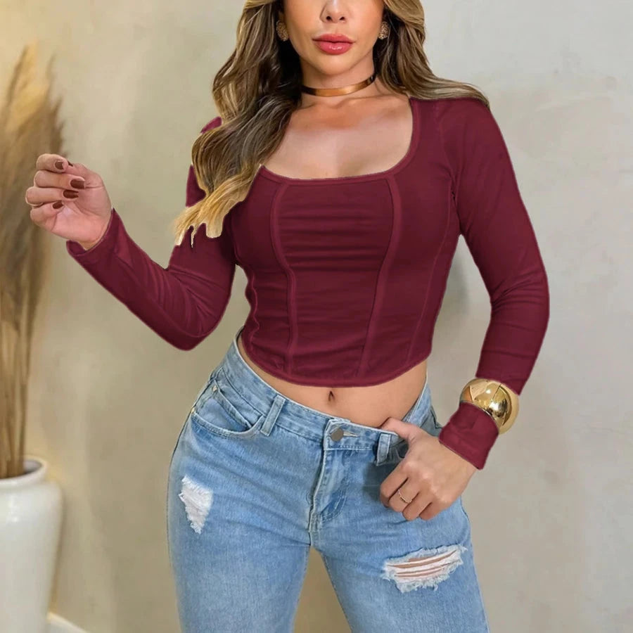 Cropped Feminino Manga Longa Tipo Corset Simples Glamour