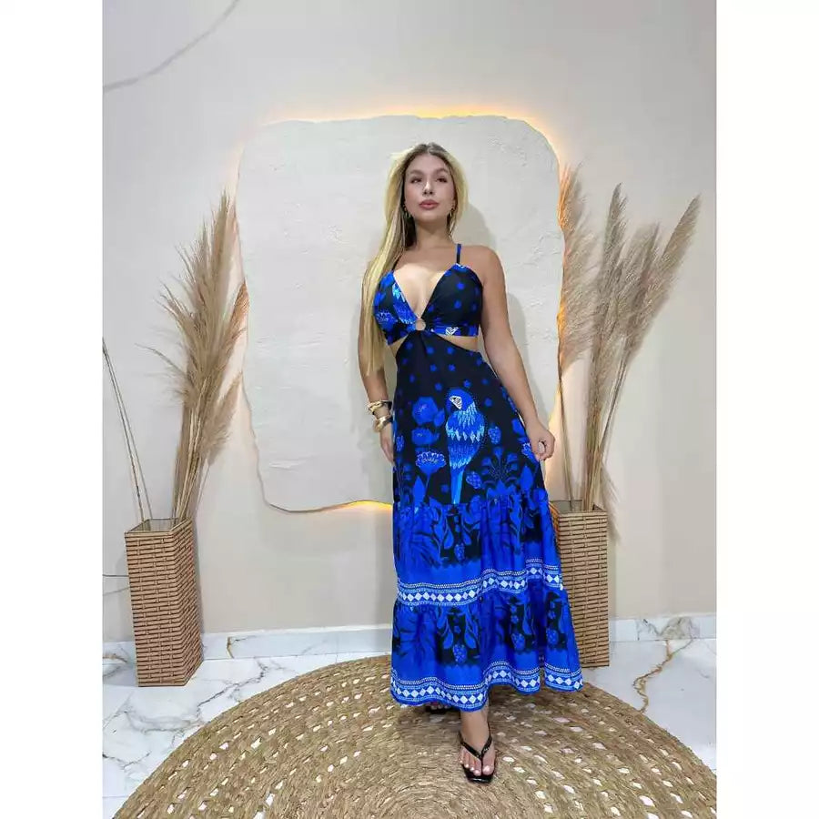 Vestido Longo Feminino Estampado Casual com Amarração nas Costas