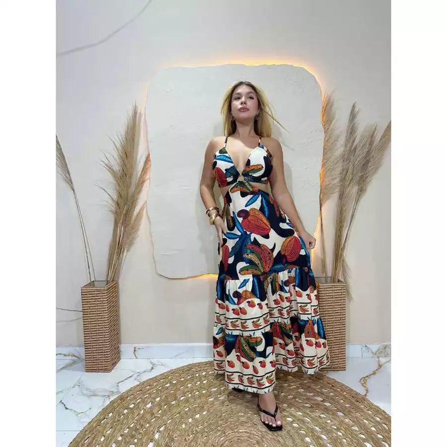 Vestido Longo Feminino Estampado Casual com Amarração nas Costas