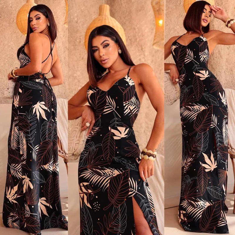 Vestido Longo Feminino Costa Nua Estampado com Fenda e Bojo