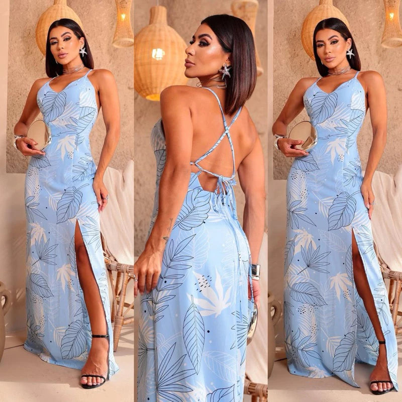 Vestido Longo Feminino Costa Nua Estampado com Fenda e Bojo