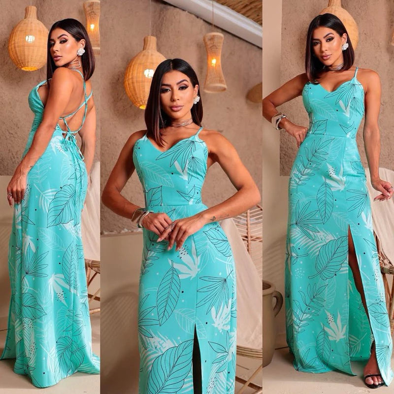 Vestido Longo Feminino Costa Nua Estampado com Fenda e Bojo