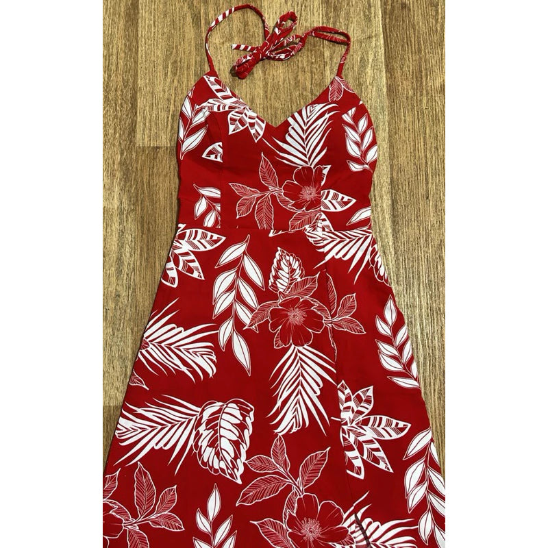 Vestido Longo Feminino Costa Nua Estampado com Fenda e Bojo