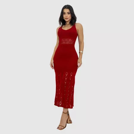 Vestido Longo Feminino Regata Tricot com Fenda Lateral Premium