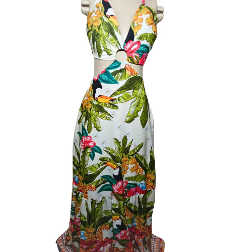 Vestido Longo Feminino Estampado Casual com Amarração nas Costas