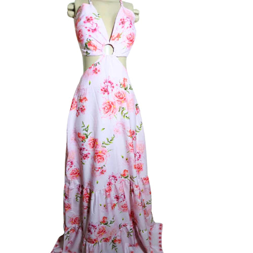 Vestido Longo Feminino Estampado Casual com Amarração nas Costas