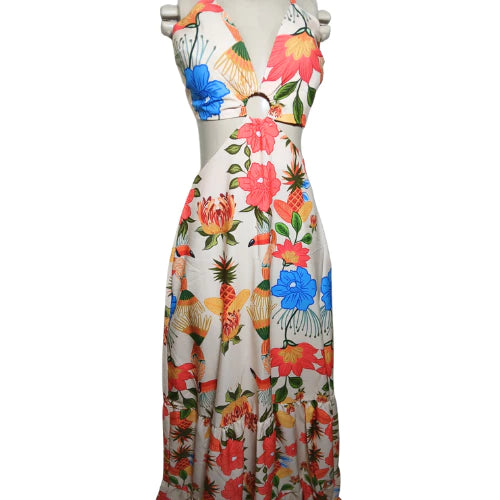 Vestido Longo Feminino Estampado Casual com Amarração nas Costas