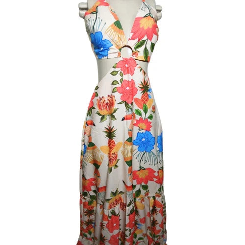 Vestido Longo Feminino Estampado Casual com Amarração nas Costas Simples Glamour