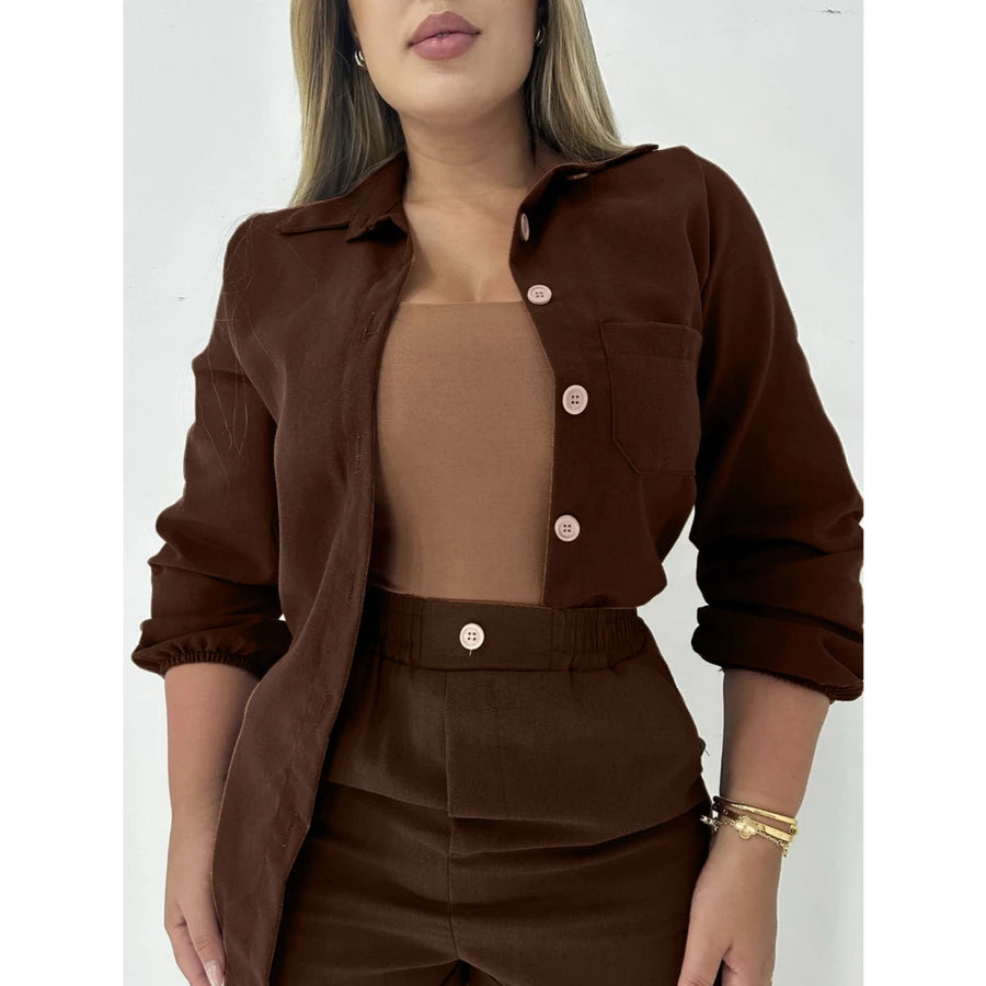 Conjunto Feminino em Linho – Camisa Manga Longa com Botões + Short Casual