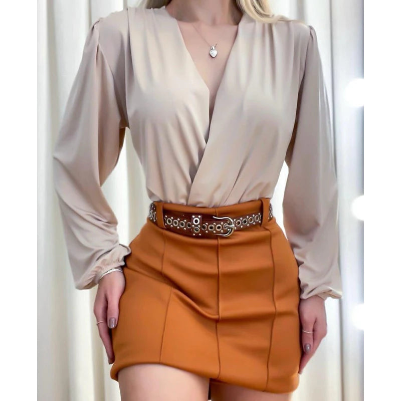 Body Feminino Manga Longa Decote V Transpassado
