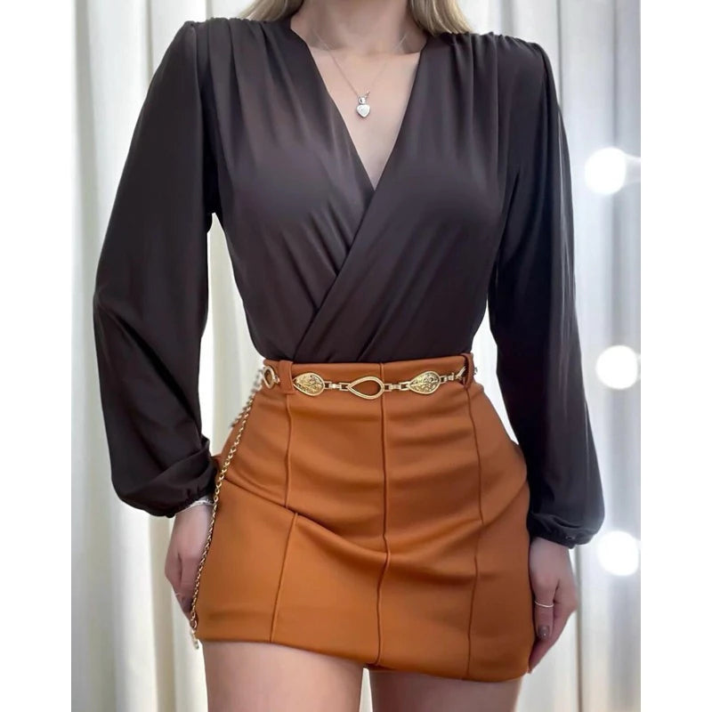 Body Feminino Manga Longa Decote V Transpassado