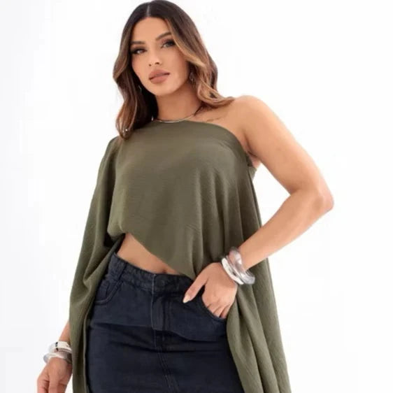 Cropped Capa Ampla Ombro Caído Boho Simples Glamour