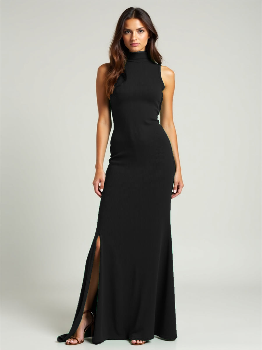 Vestido Longo com Racha e Gola Alta Feminino Canelado