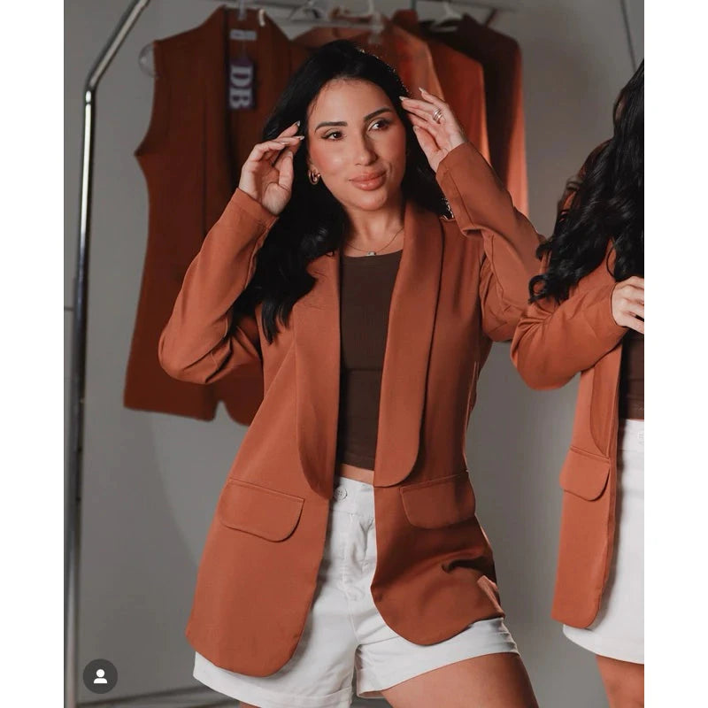 Blazer Feminino Alfaitaria Max Social frente aberto elegante Moderno Simples Glamour
