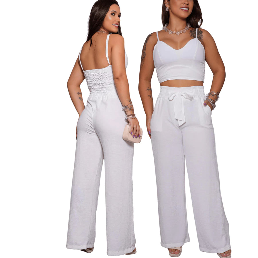 Conjunto Feminino Duna Areia – Calça Pantalona e Cropped com Bojo