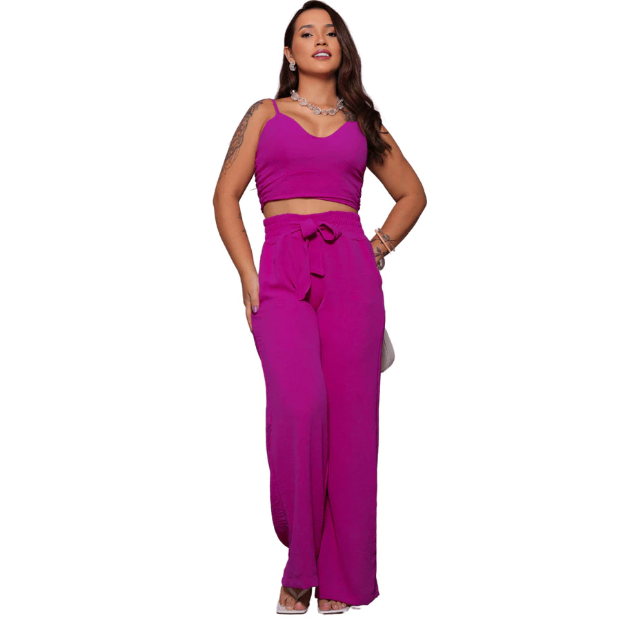 Conjunto Feminino Duna Areia – Calça Pantalona e Cropped com Bojo