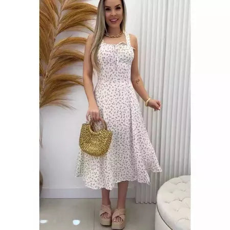Vestido Mídi Romântico Estampado em Elastex