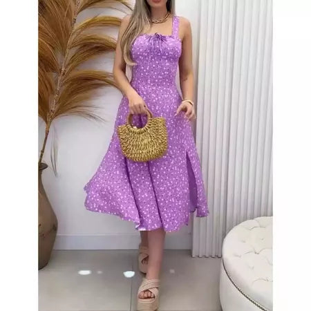 Vestido Mídi Romântico Estampado em Elastex