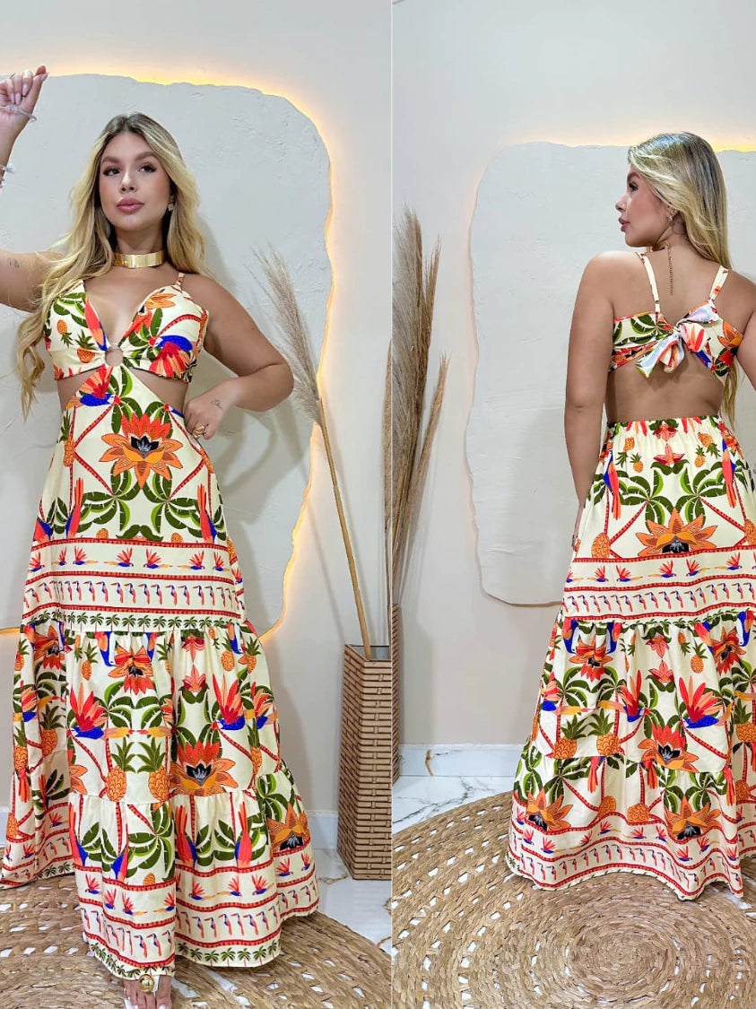 Vestido Longo Feminino Estampado Casual com Amarração nas Costas