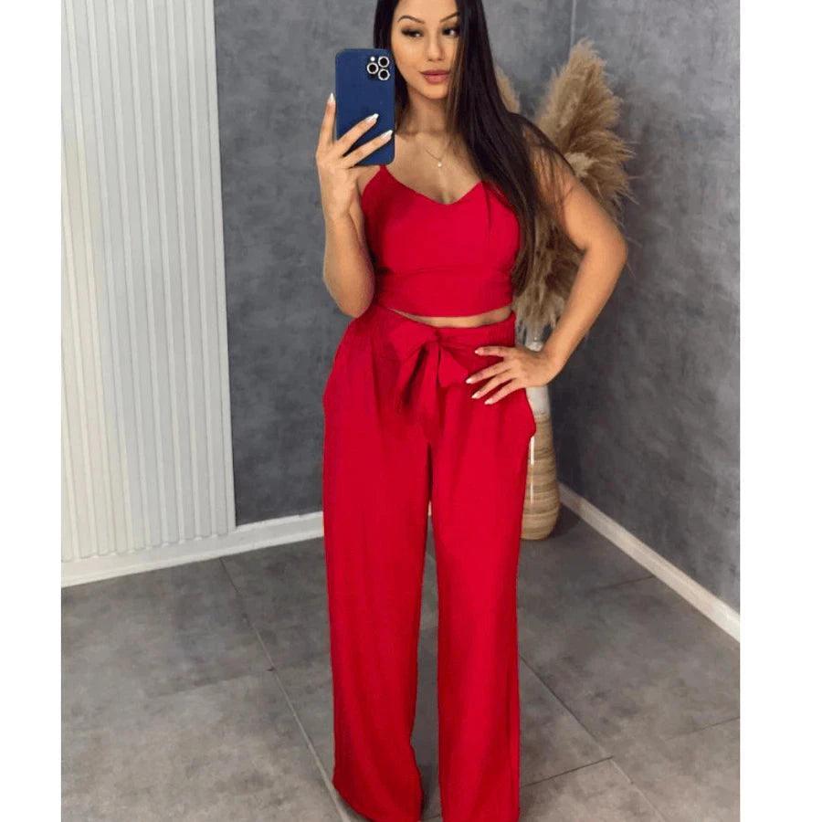 Conjunto Feminino Duna Areia – Calça Pantalona e Cropped com Bojo Simples Glamour