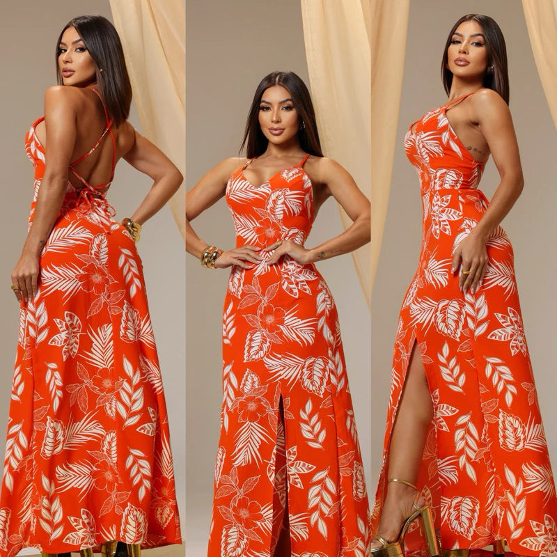 Vestido Longo Feminino Costa Nua Estampado com Fenda e Bojo