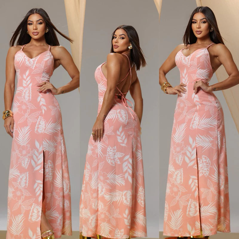 Vestido Longo Feminino Costa Nua Estampado com Fenda e Bojo