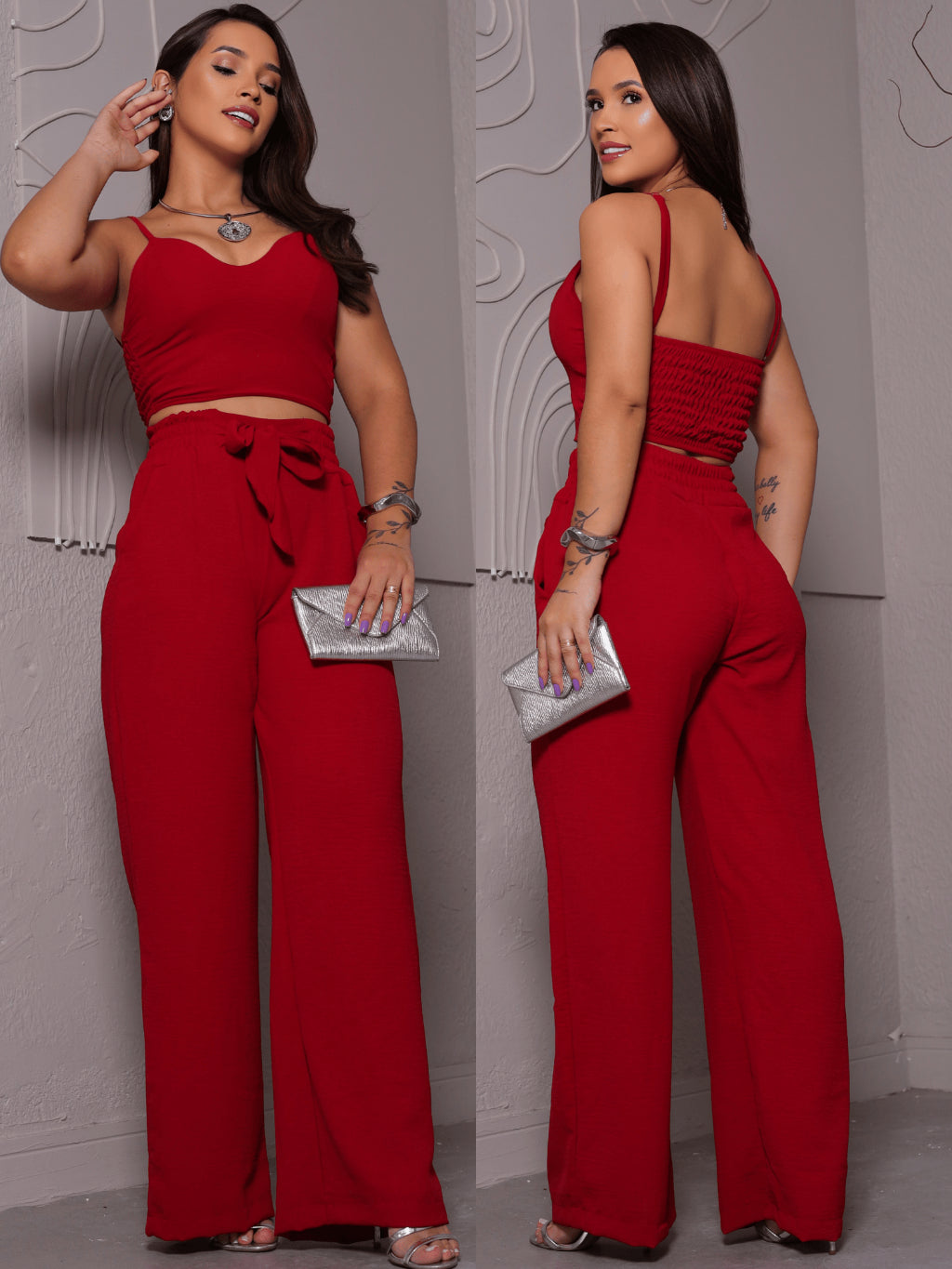 Conjunto Feminino Duna Areia – Calça Pantalona e Cropped com Bojo