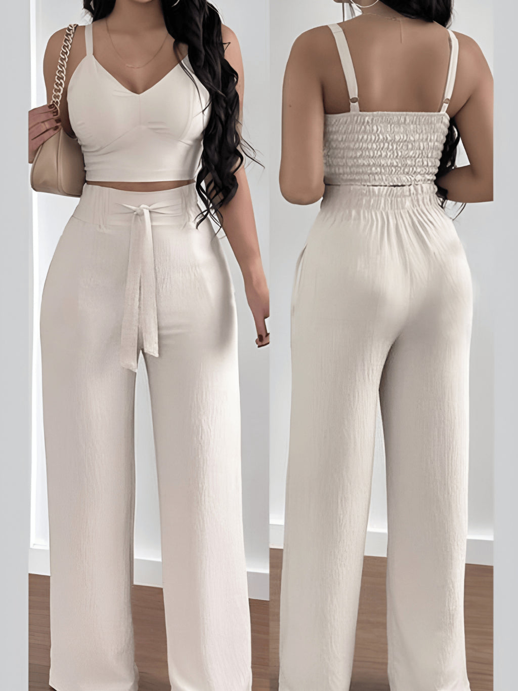 Conjunto Feminino Duna Areia – Calça Pantalona e Cropped com Bojo