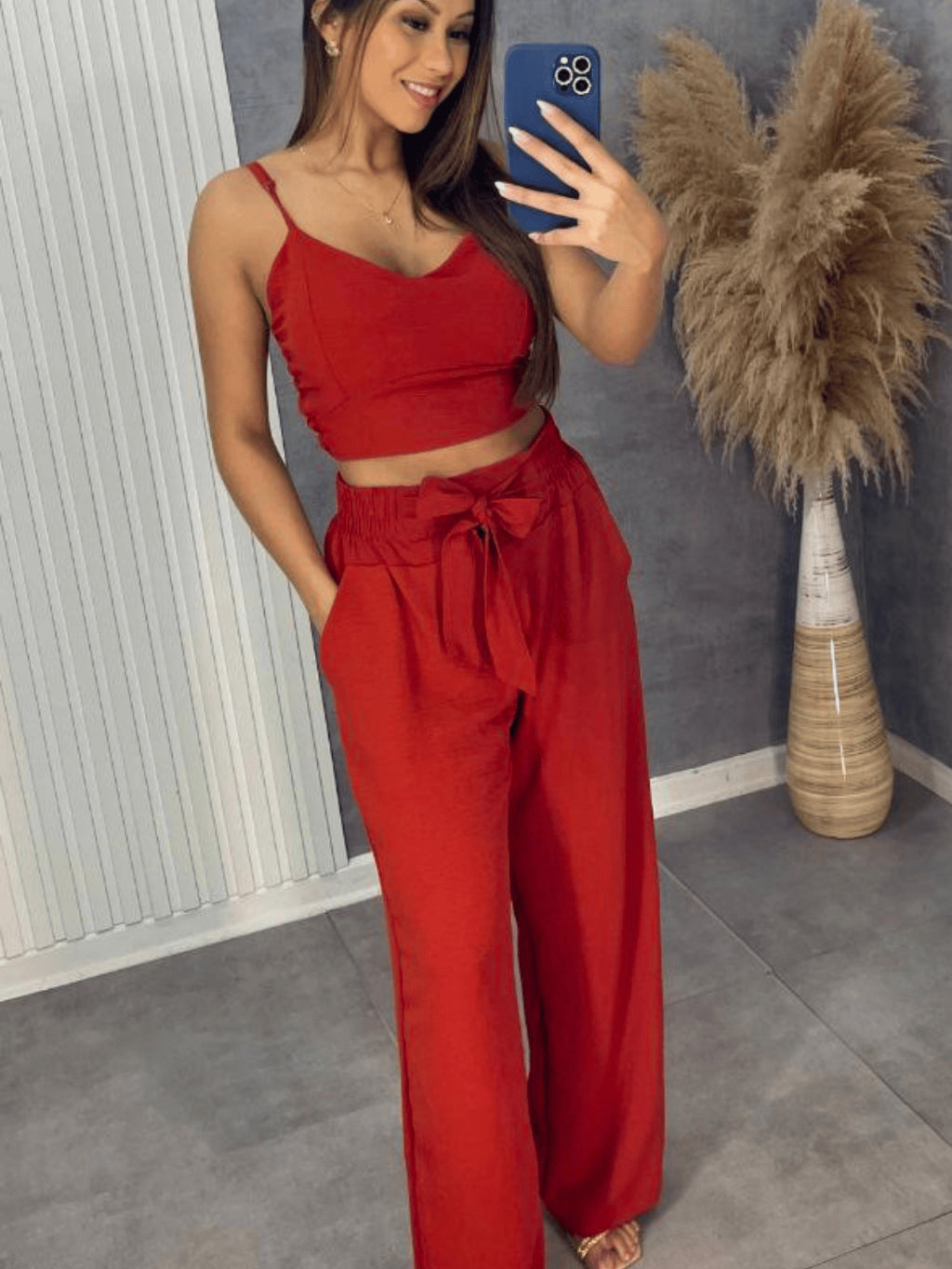 Conjunto Feminino Duna Areia – Calça Pantalona e Cropped com Bojo