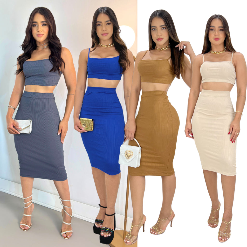 Conjunto Feminino Saia Longa Cropped alcinha Aerolook Primavera verão tendência