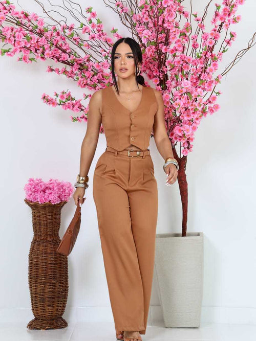 Conjunto Feminino Social Calça e Colete em Alfaiataria com Cinto Forrado