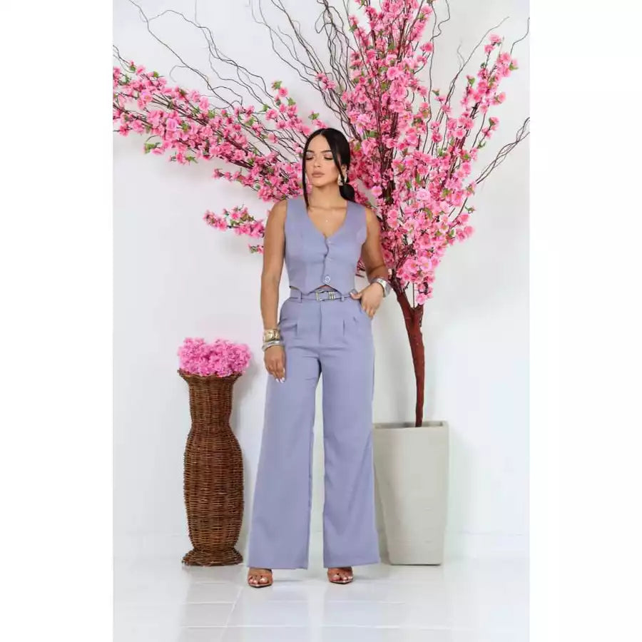 Conjunto Feminino Social Calça e Colete em Alfaiataria com Cinto Forrado