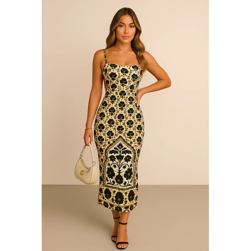 Vestido Feminino Midi Tubinho Estampado Inspiração Farm - Tendência Verão