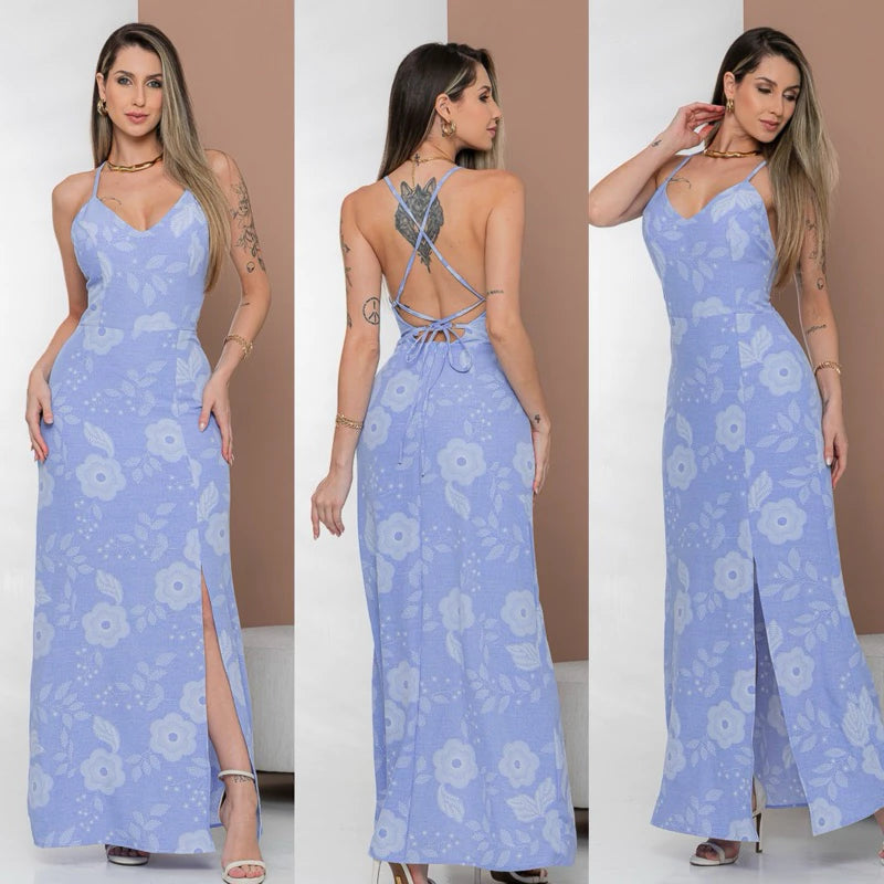 Vestido Longo Feminino Costa Nua Estampado com Fenda e Bojo