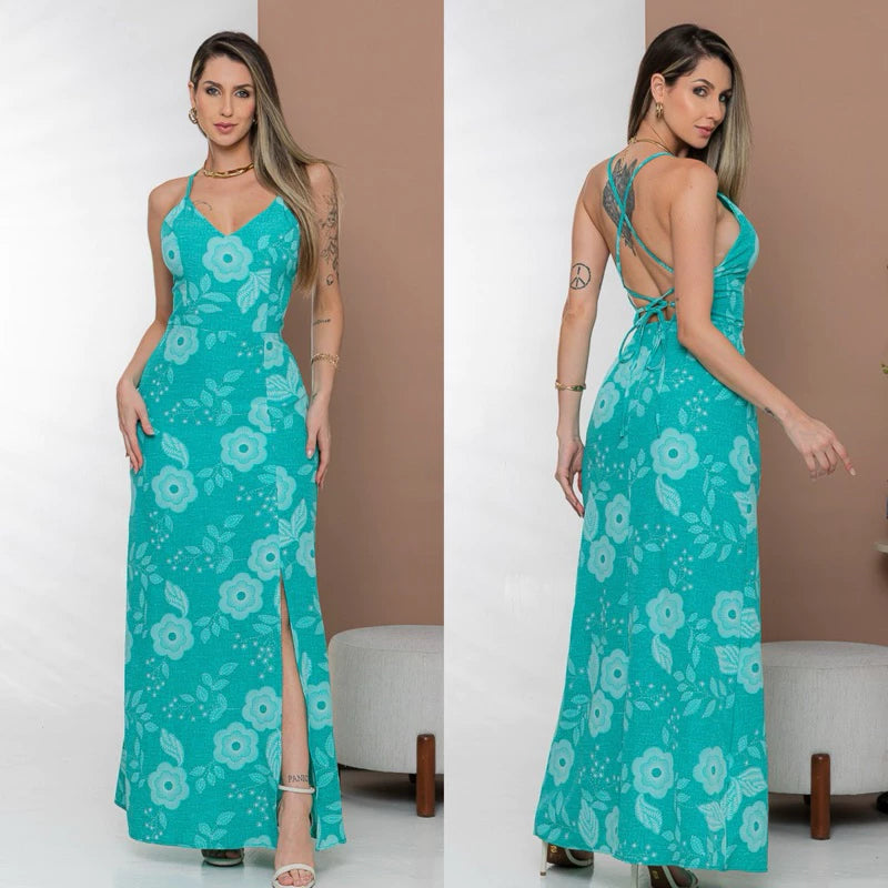Vestido Longo Feminino Costa Nua Estampado com Fenda e Bojo