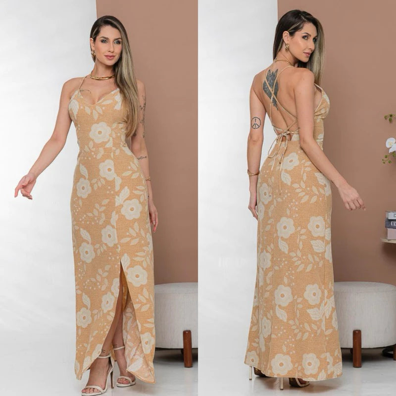 Vestido Longo Feminino Costa Nua Estampado com Fenda e Bojo