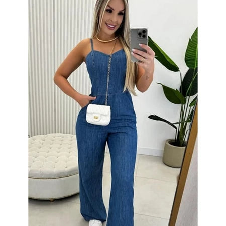 Macacão Feminino Jeans Pantalona com Alça Regulável