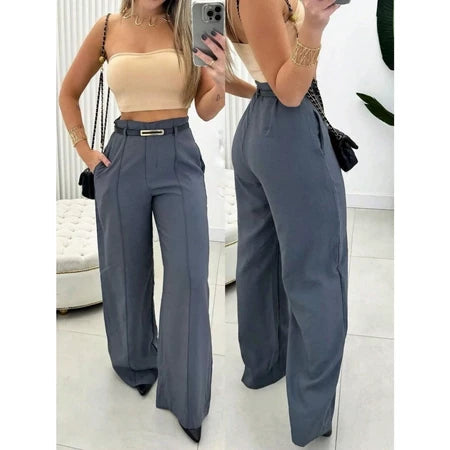 Calça Social Alfaiataria Pantalona Feminina Cintura Alta com Cinto e Zíper Lateral